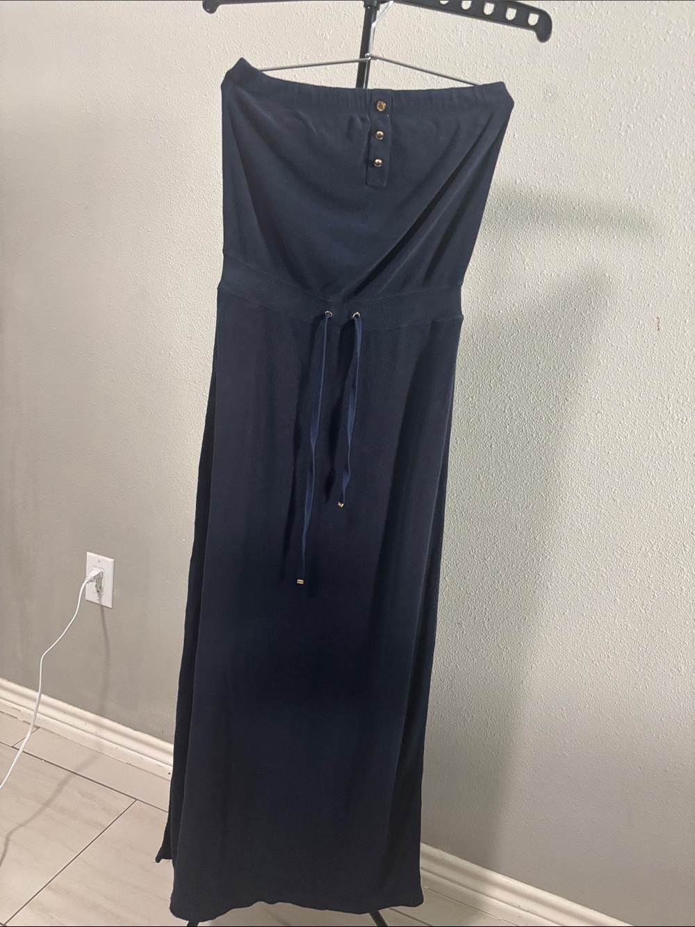 Juicy Couture Navy Strapless Maxi Dress with Drawstring and Button Detail